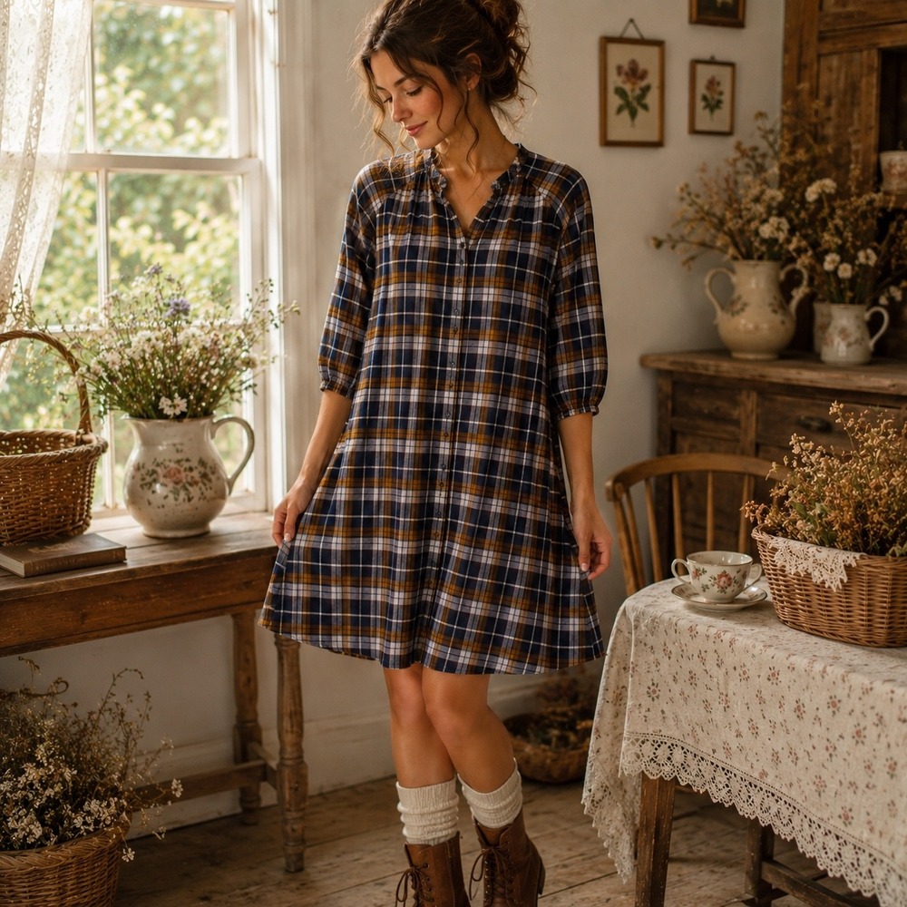 NWT Organic Plaid Shirt Dress L Midi Free Assembly Cottagecore Cowgirl Flannel
